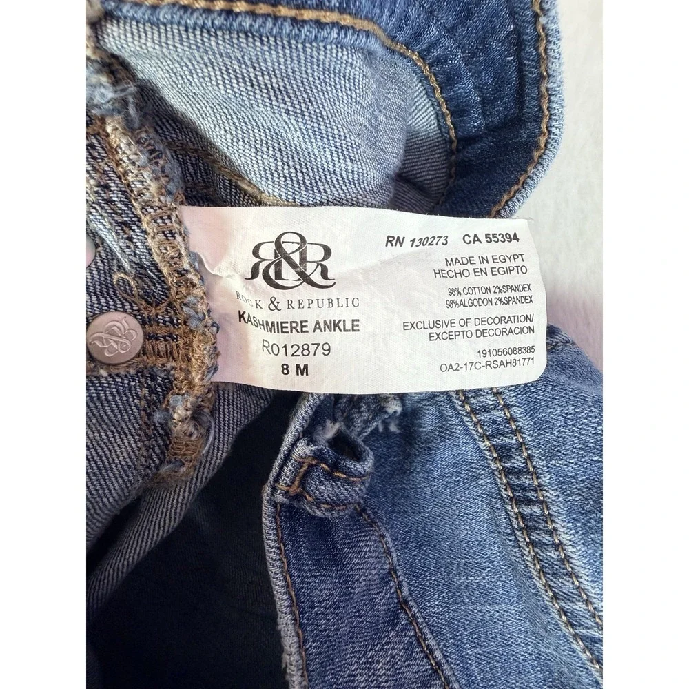 Rock & Republic Kashmiere Ankle Distressed Star Patch Jeans Sz‎ 8M